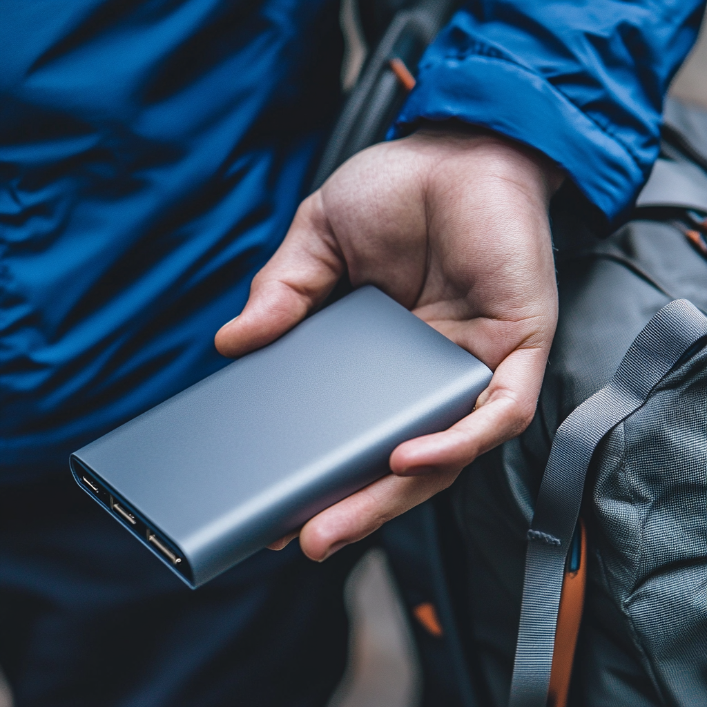 Hand placing power bank in backpack, realistic mockup.