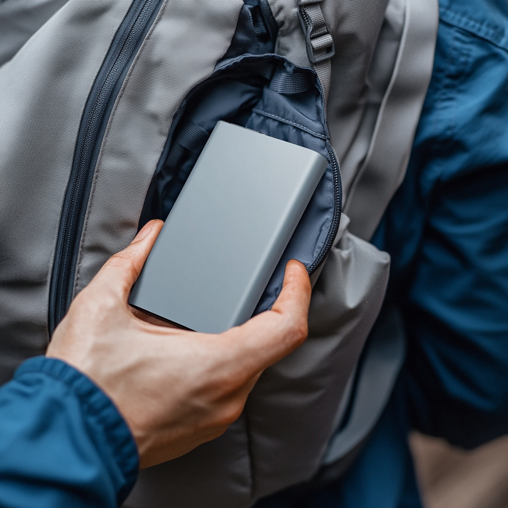 Hand placing power bank in backpack for advertisement.