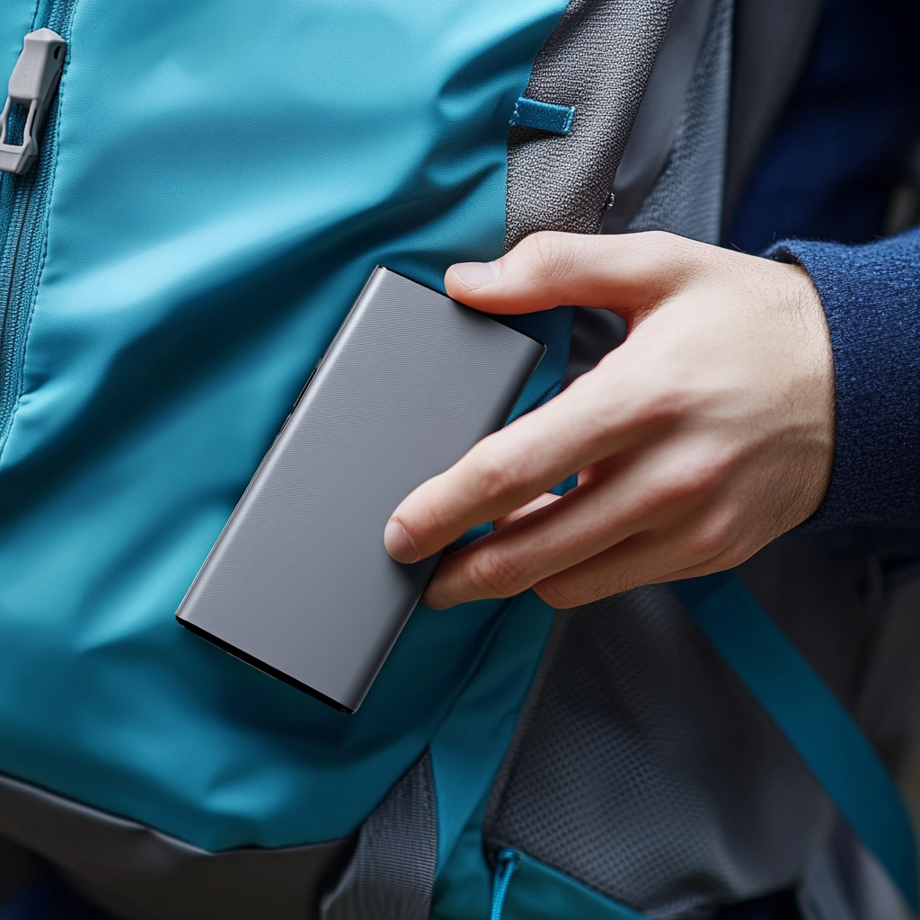 Hand placing power bank in pocket, realistic mockup.