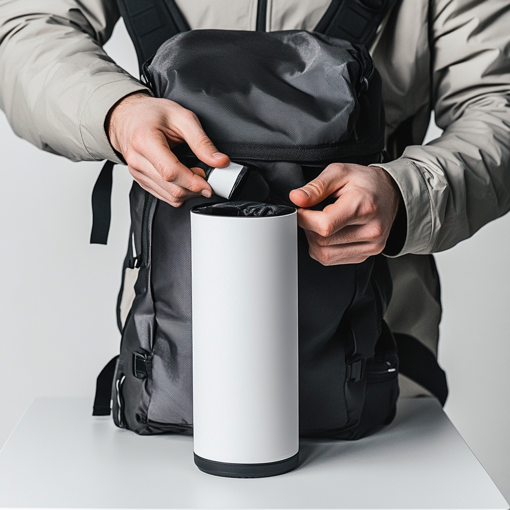 Hand putting cylinder in backpack on white table.