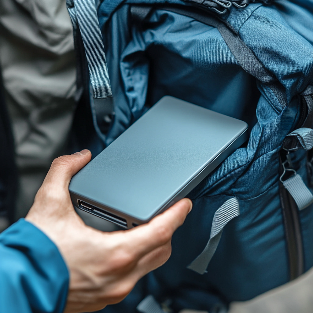 Hand putting power bank in backpack for advertisement mockup.