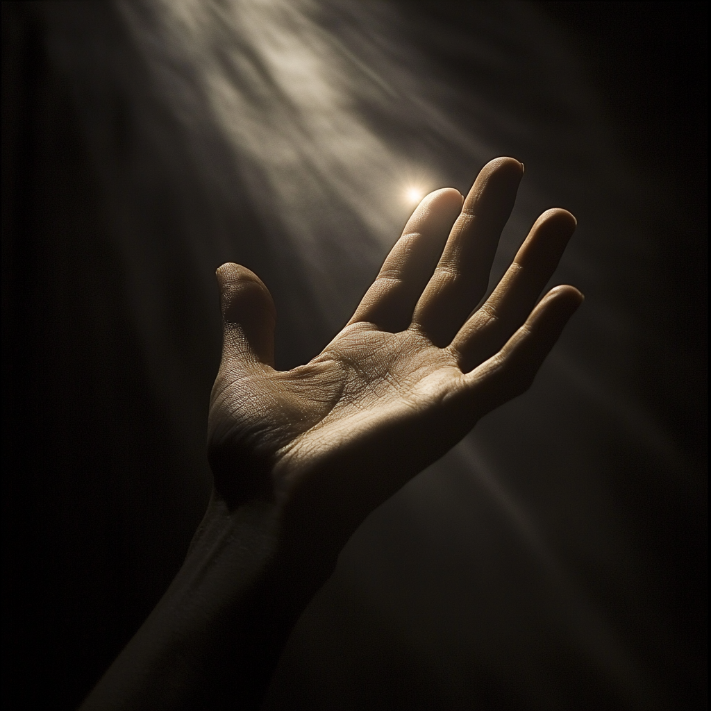 Hand reaching for soft, ethereal glow in darkness.