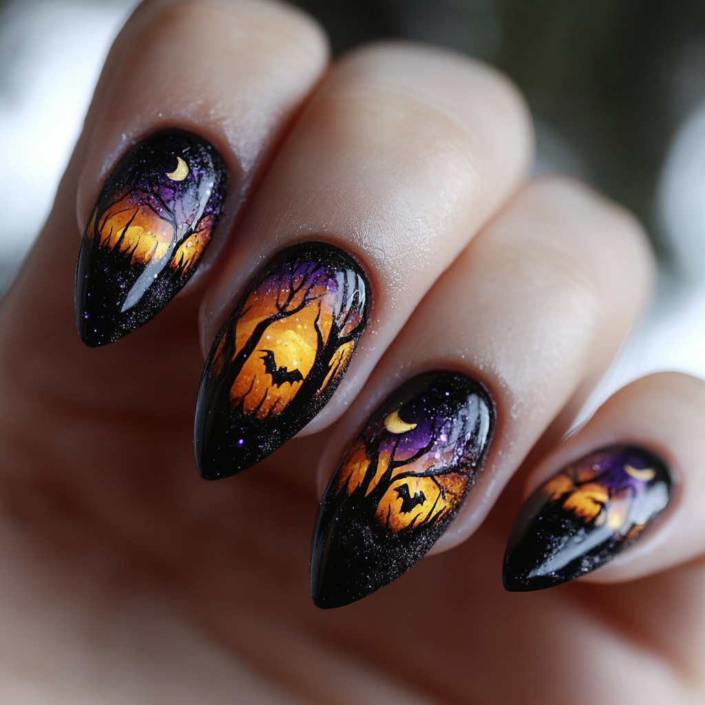 Hand with Halloween nail art in black, orange, purple.