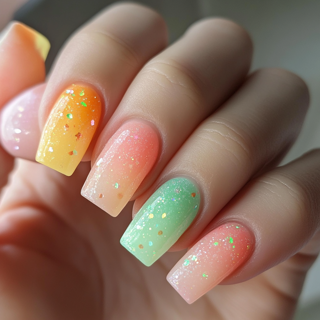 Hand with colorful nails and makeup in soft lighting.