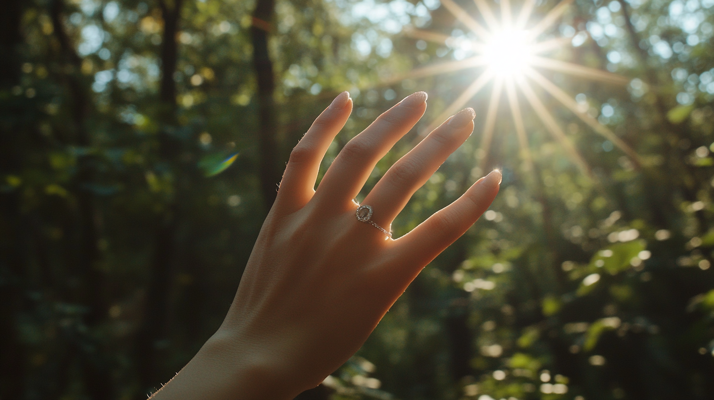 Hand with fantasy ring in forest, premium jewelry photography.