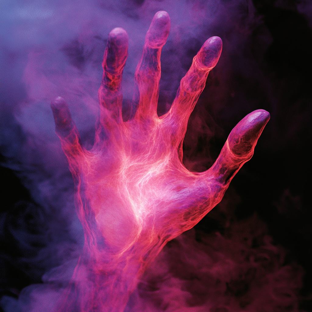 Hand with fiery center: vivid red and dark magenta