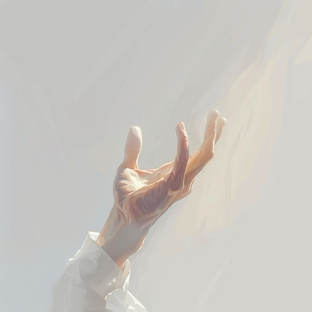 Hand with raised fingers in soft light, minimalist aesthetic.