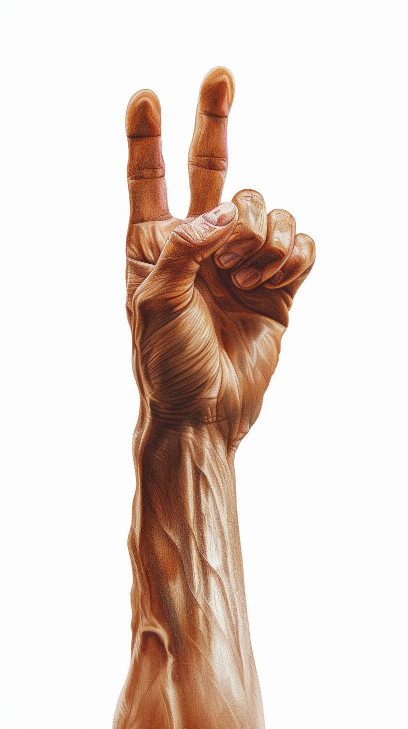 Hand with two fingers raised against white background, detailed.