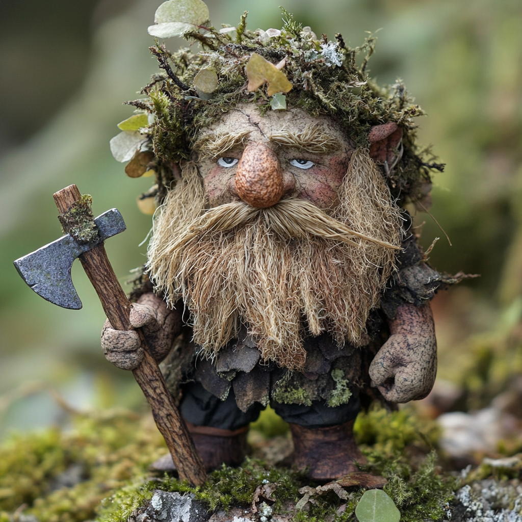 Handcrafted dwarf puppet with moss beard wields tiny axe.