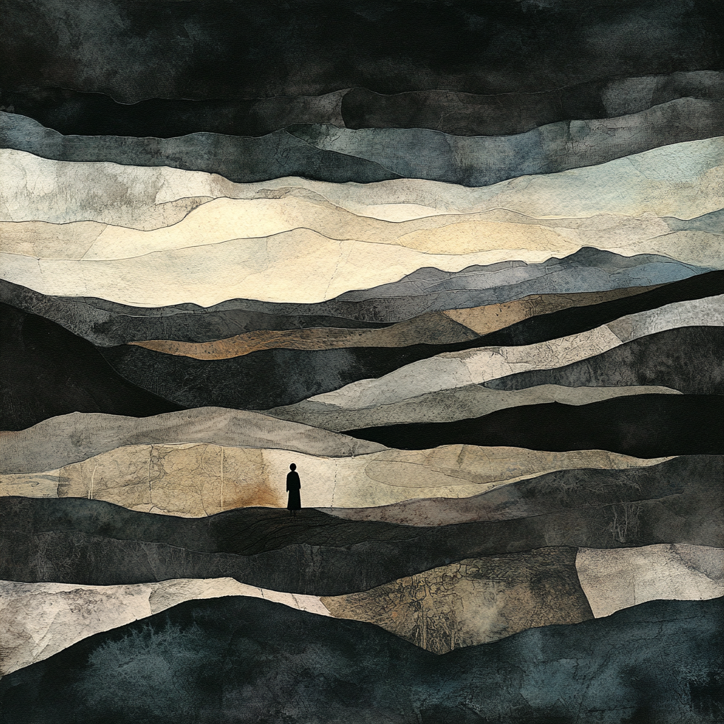 Handcrafted puppet and storm landscape with watercolor layers