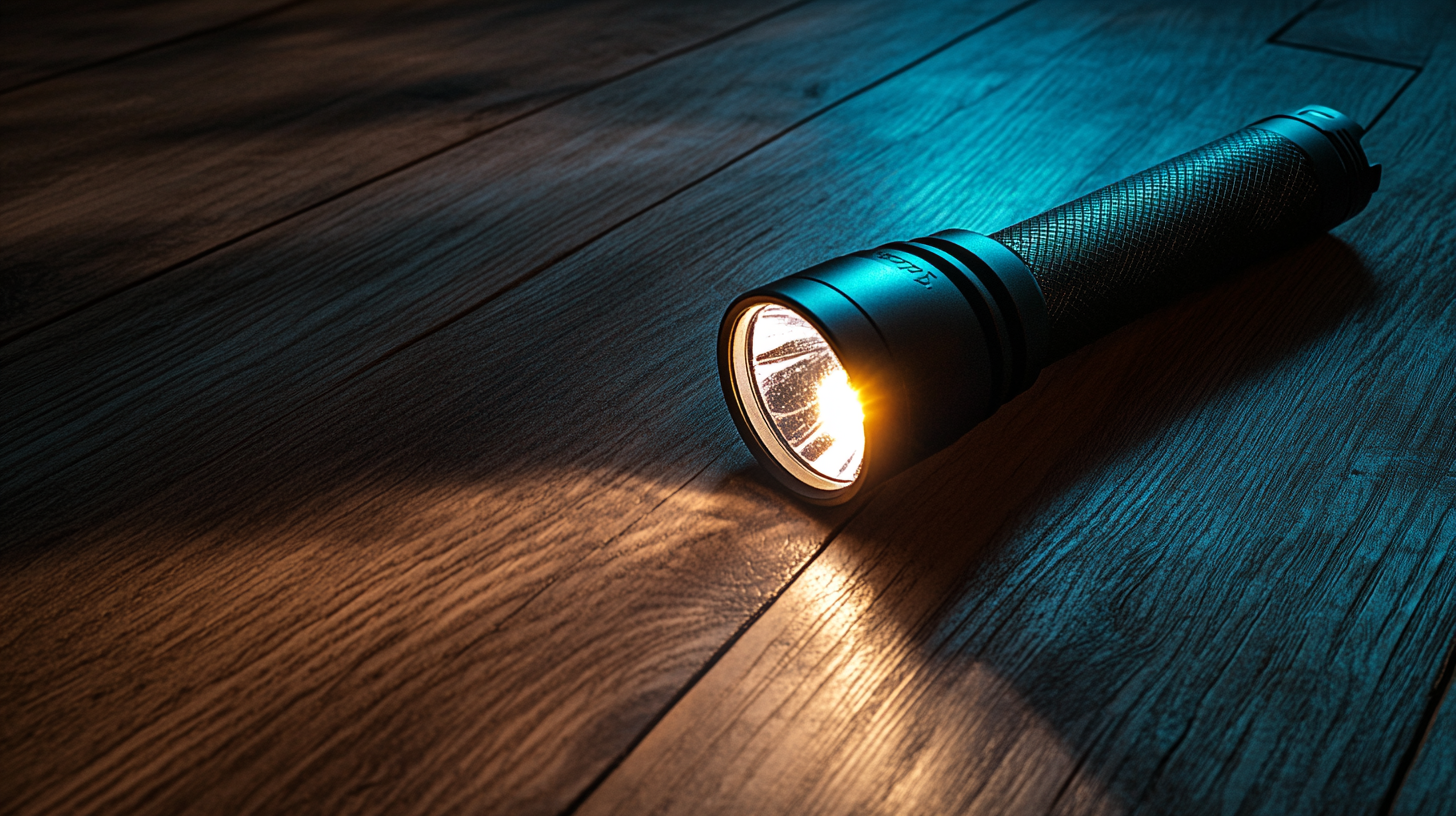 Handheld flashlight on wooden floor, illuminating dark passage.