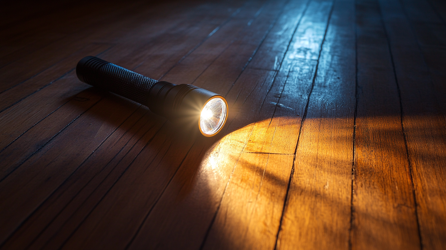 Handheld flashlight on wooden floor illuminating dark room.