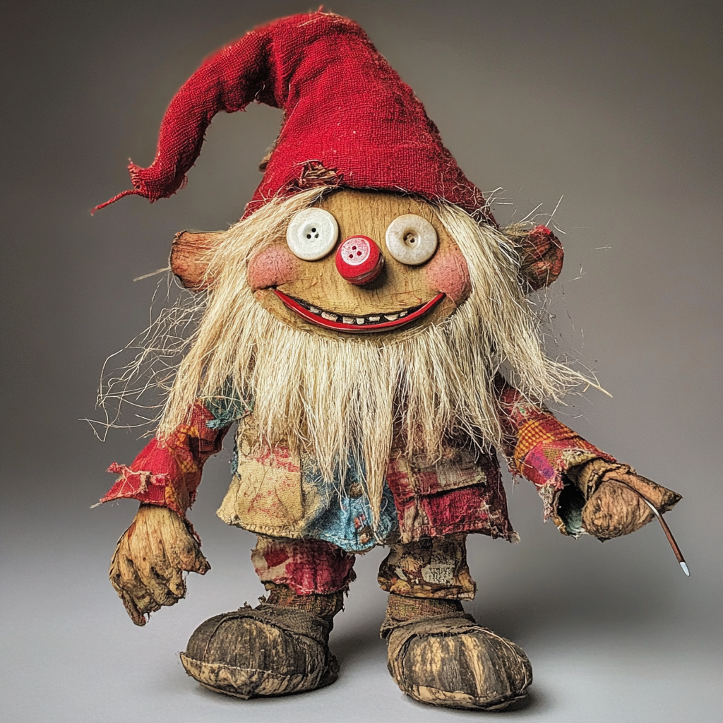 Handmade gnome puppet with red hat, squeaky joints.