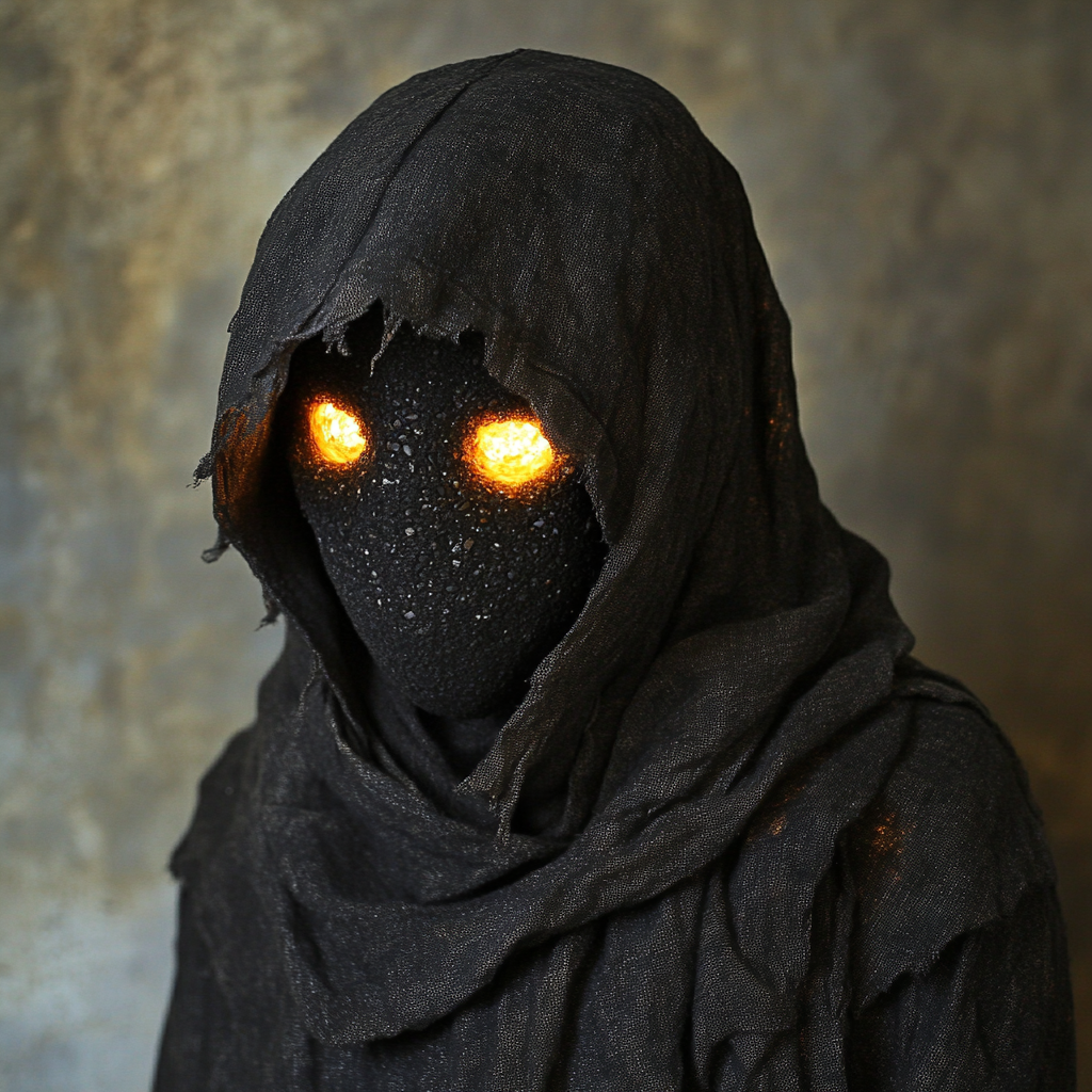 Handmade hooded figure puppet with glowing pebble eyes.