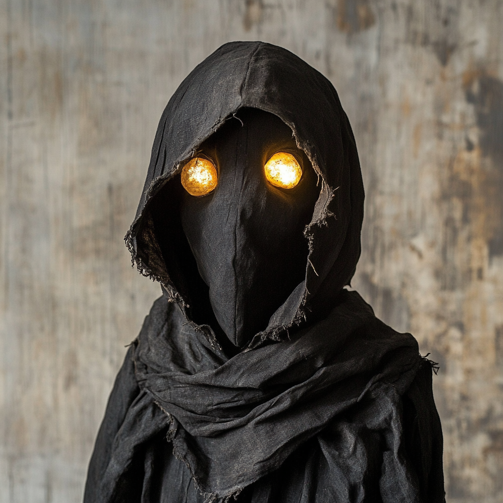 Handmade puppet figure with glowing pebble eyes in hood.