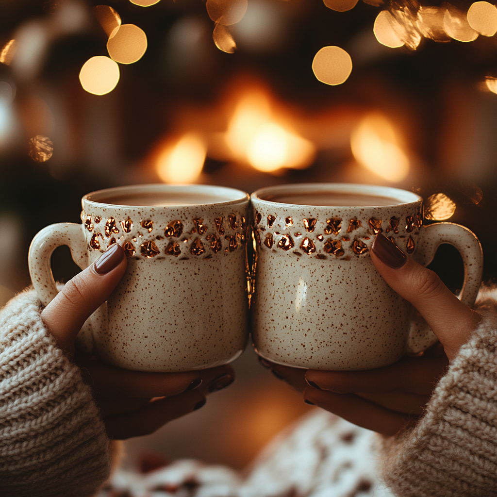 Hands Holding Mugs by Fireplace: Cozy Winter Scene