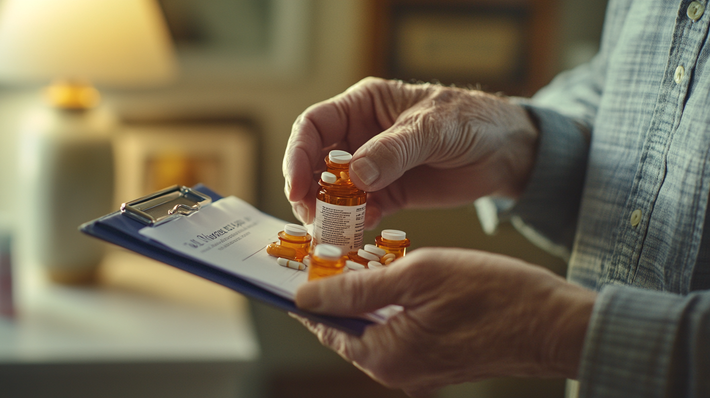 Hands holding pills and clipboard for medical care