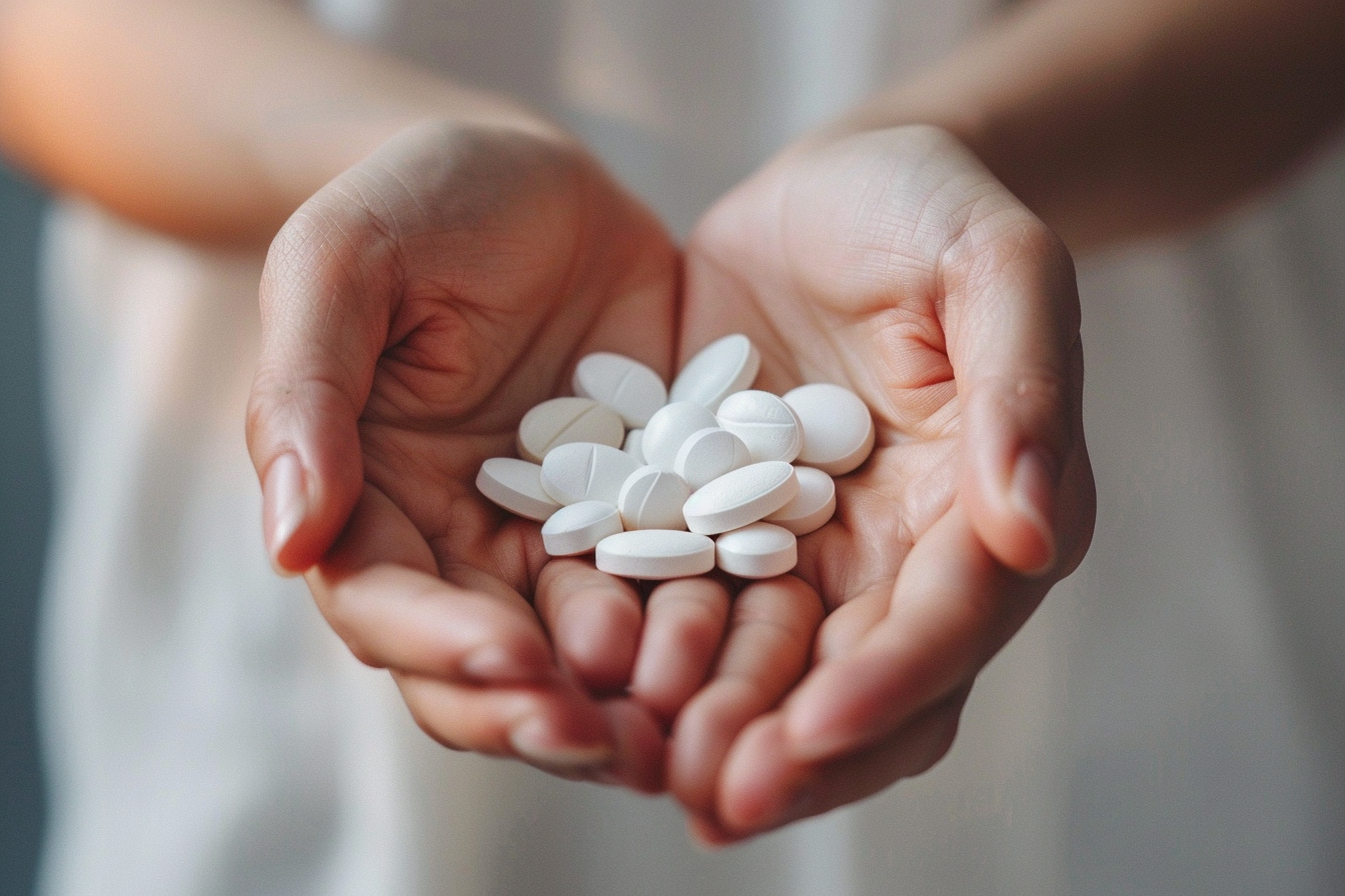 Hands holding pills symbolize chondrocalcinosis treatment, clean background.