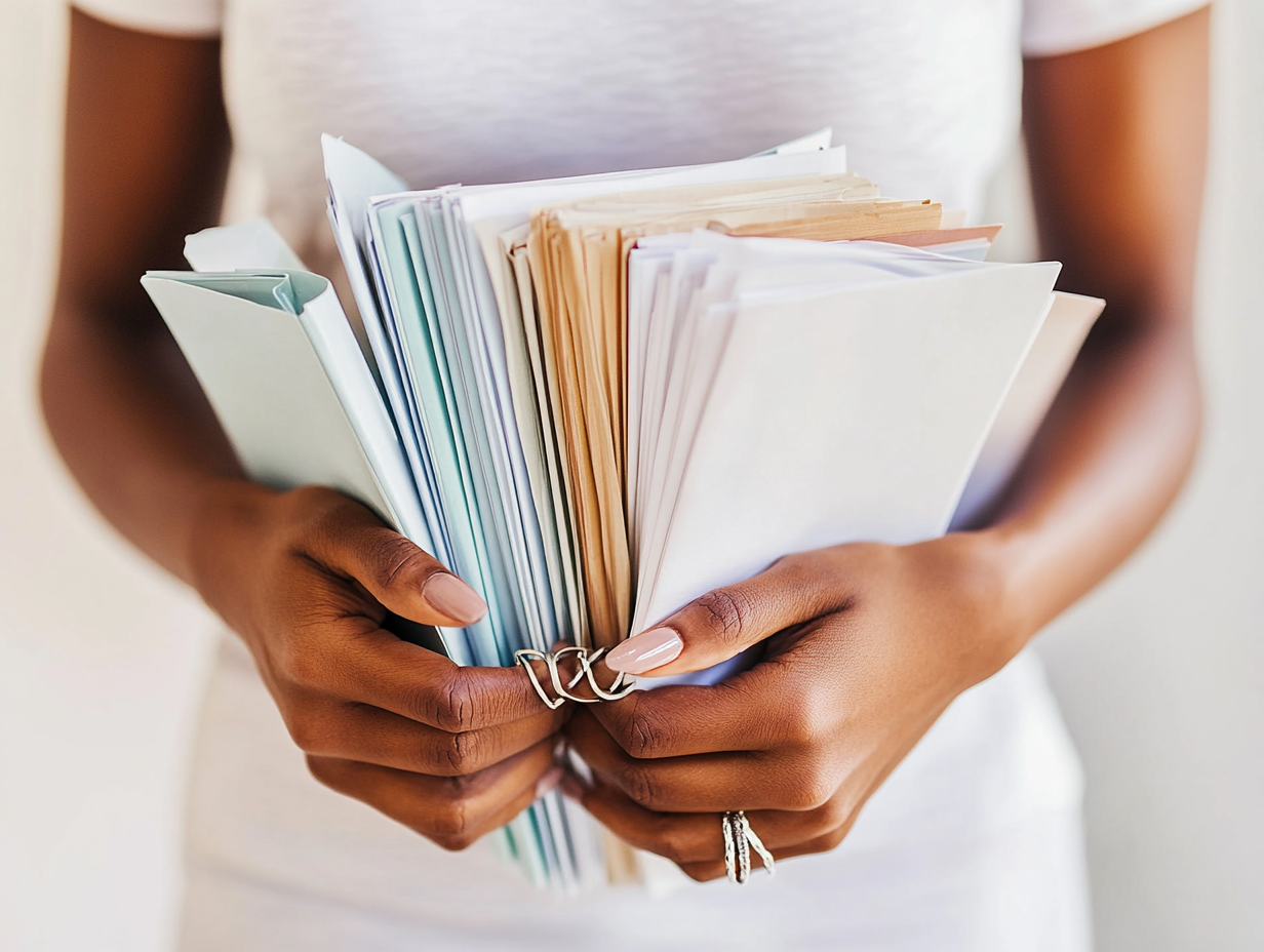 Hands of elegant African American woman with stationery items.