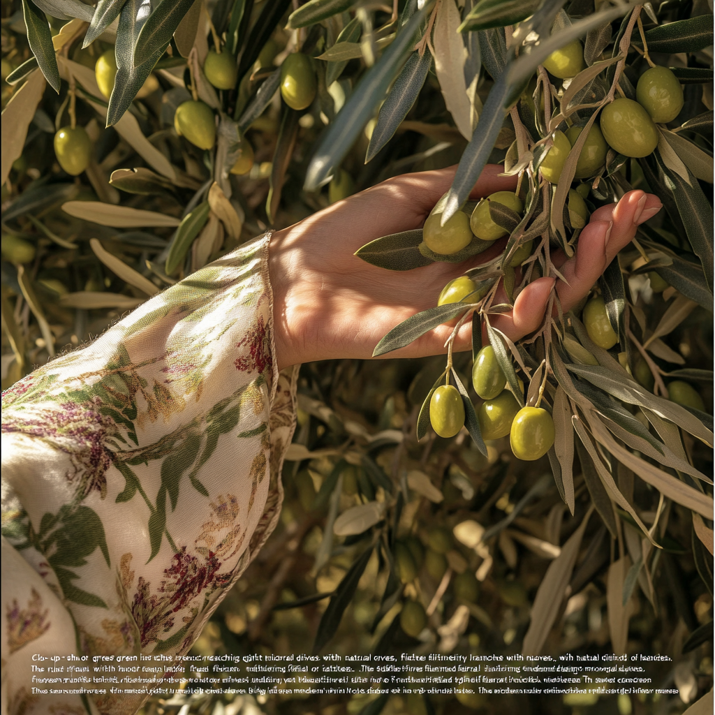 Hands picking green olives with Iranian sleeves