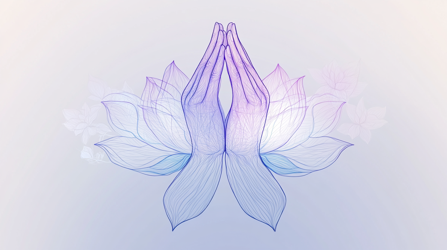 Hands praying with lotus flowers in soft colors