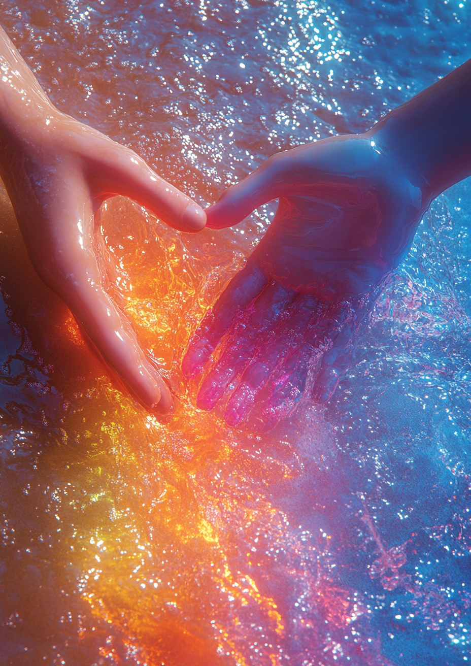 Hands reaching for each other on the beach.