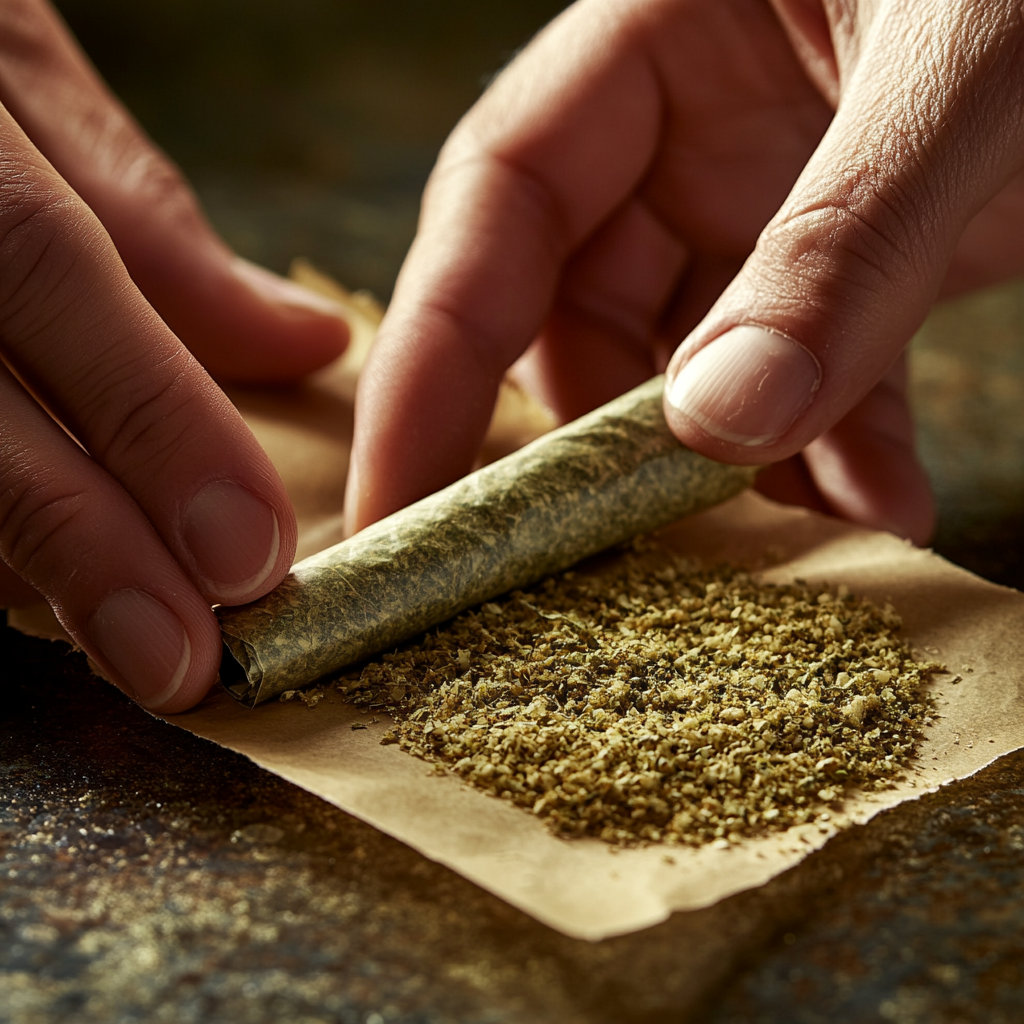 Hands rolling cannabis joint with precision and technique captured.