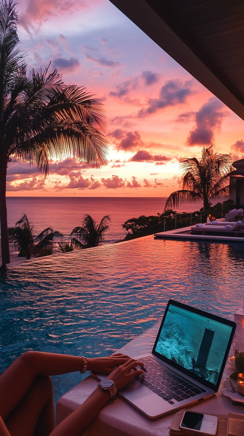 Hands typing on laptop by pool at resort