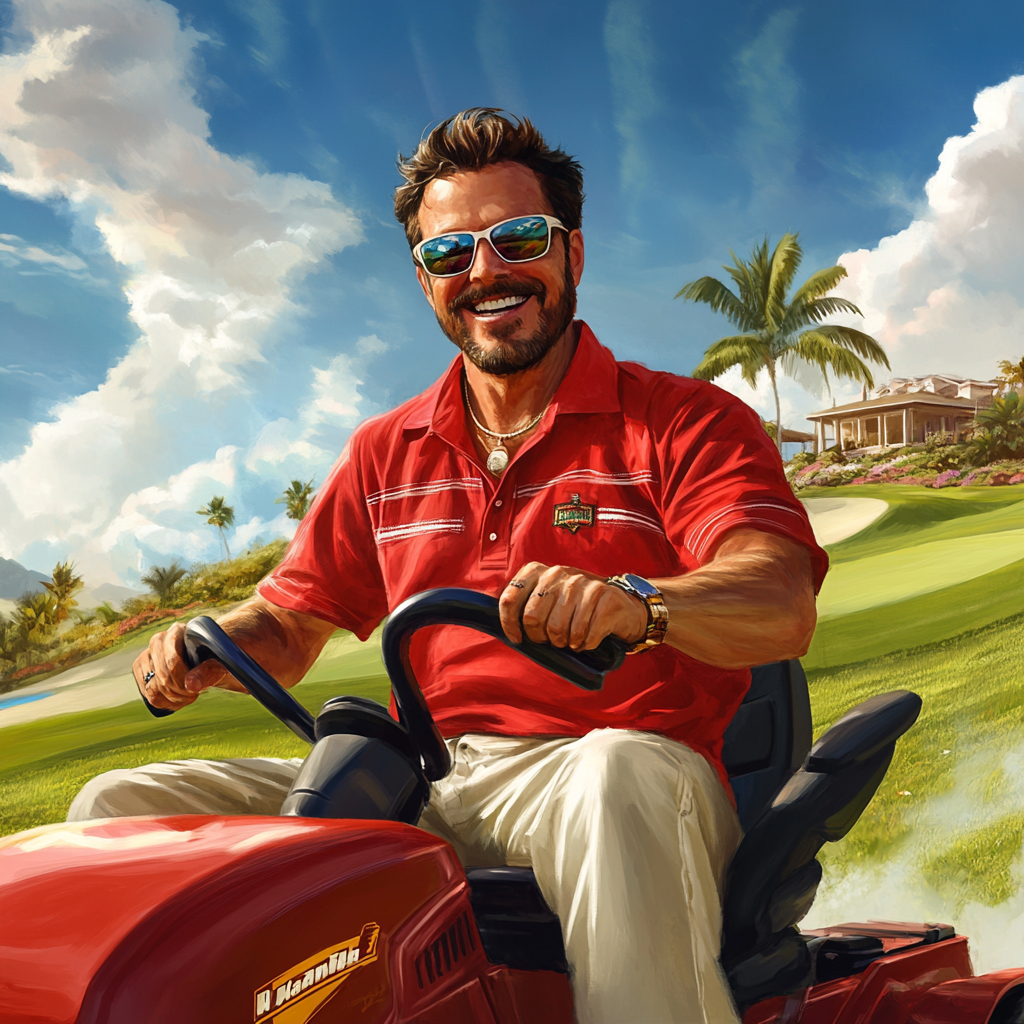 Handsome, smiling dad on mower with sunglasses, photorealistic.