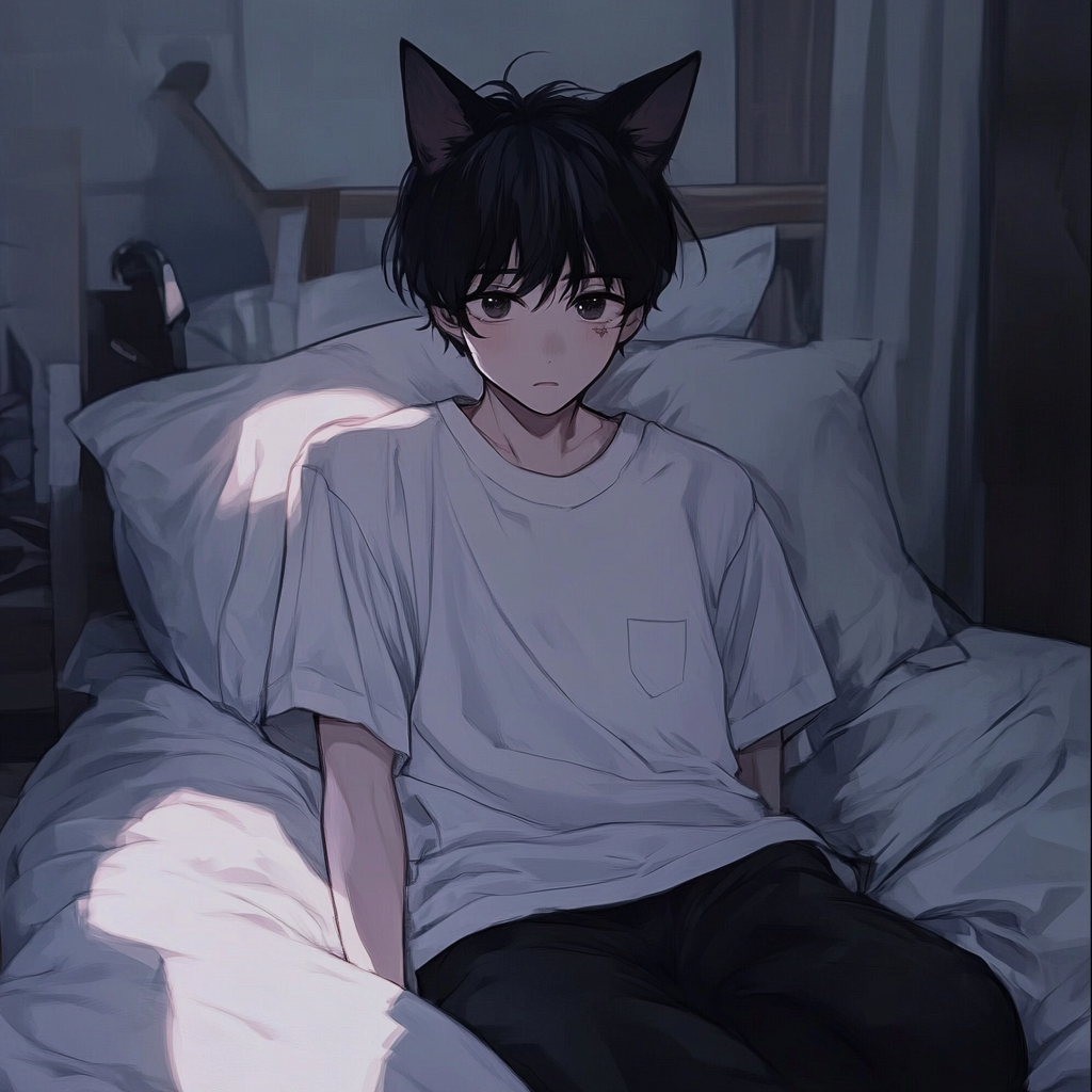 Handsome Catboy Hugging Pillow in Detailed Bedroom.