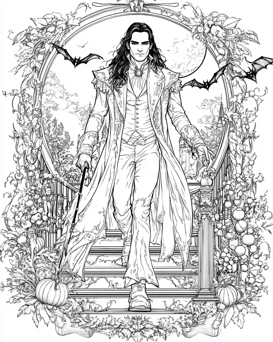 Handsome Dracula in Victorian attire on spooky mansion stairway.