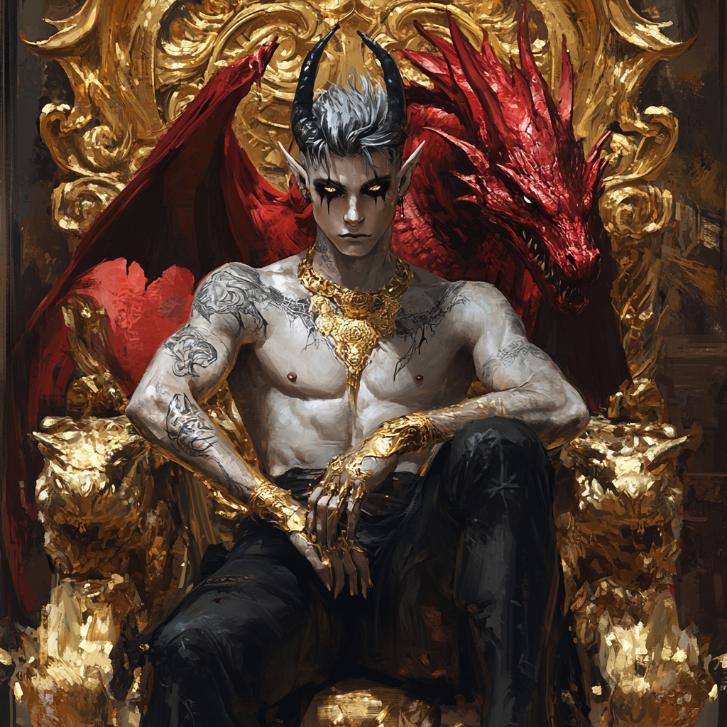 Handsome Graz'zt on gold throne with red dragon.