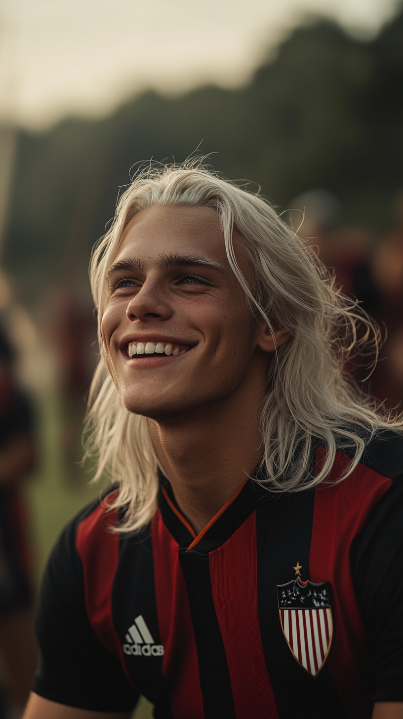 Handsome Italian guy in AC Milan uniform, smiling.