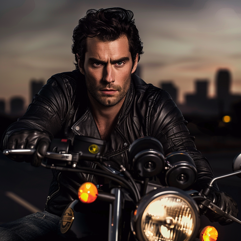 Handsome Man on Motorcycle in Cityscape