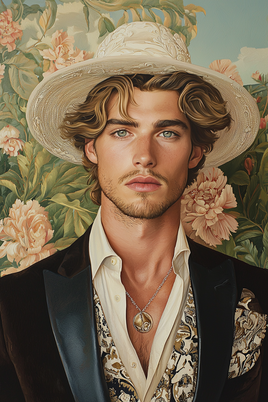 Handsome Men in Photorealistic Oil Painting Landscape