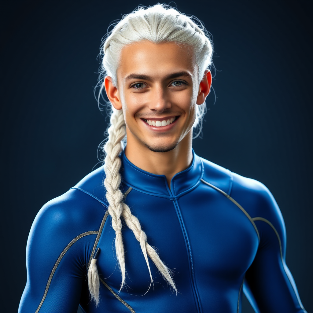 Handsome Pleiadian Man in Blue Spandex Uniform