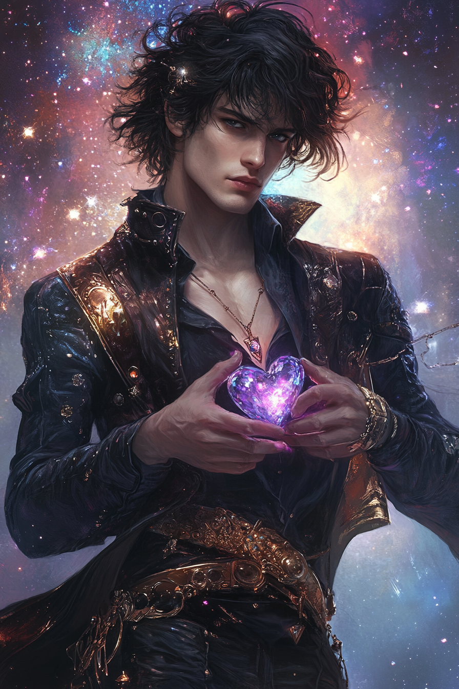 Handsome androgynous man with crystal heart in galaxy.