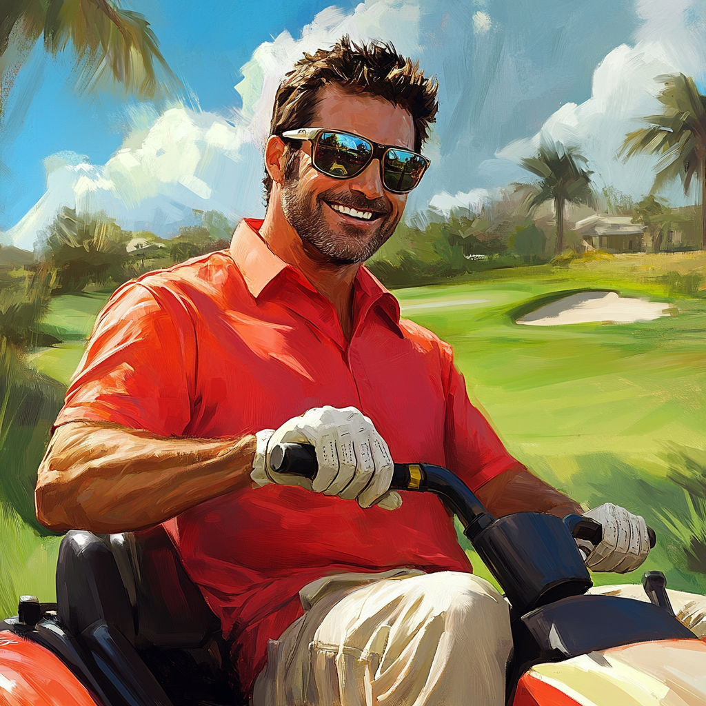 Handsome dad on lawn mower at golf course.