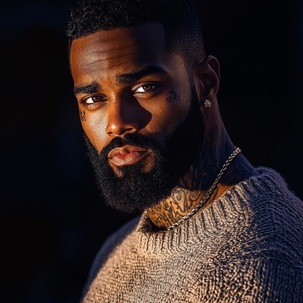 Handsome dark man with tattoos and Cuban chain necklace.