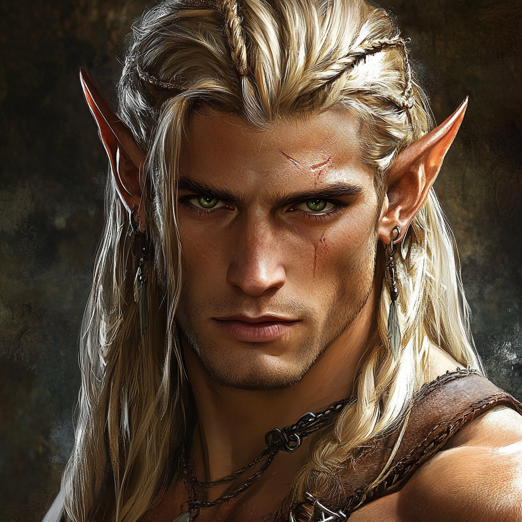 Handsome elven man with shocking green eyes and blondehair.