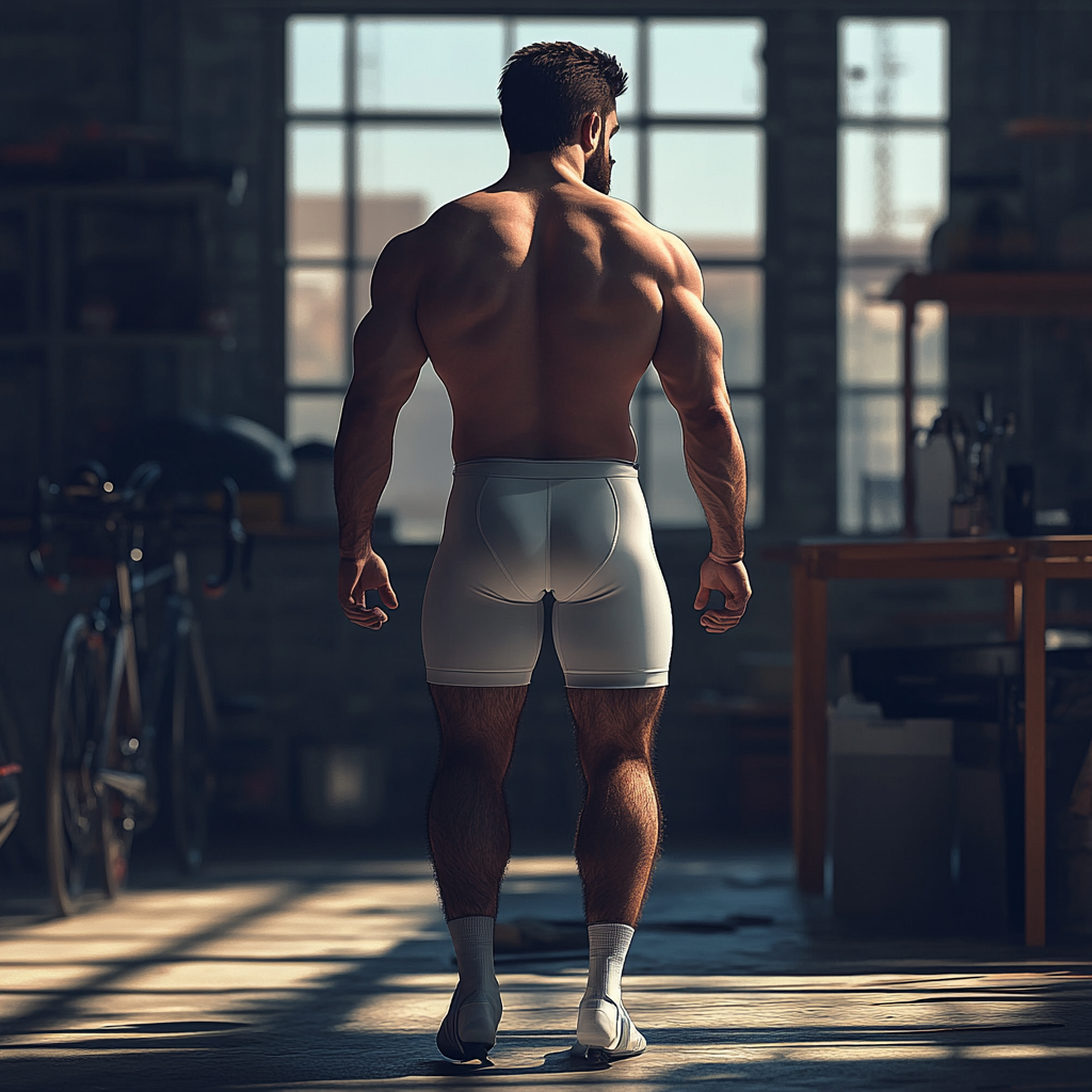 Handsome hairy man in white bibshort walking in garage.