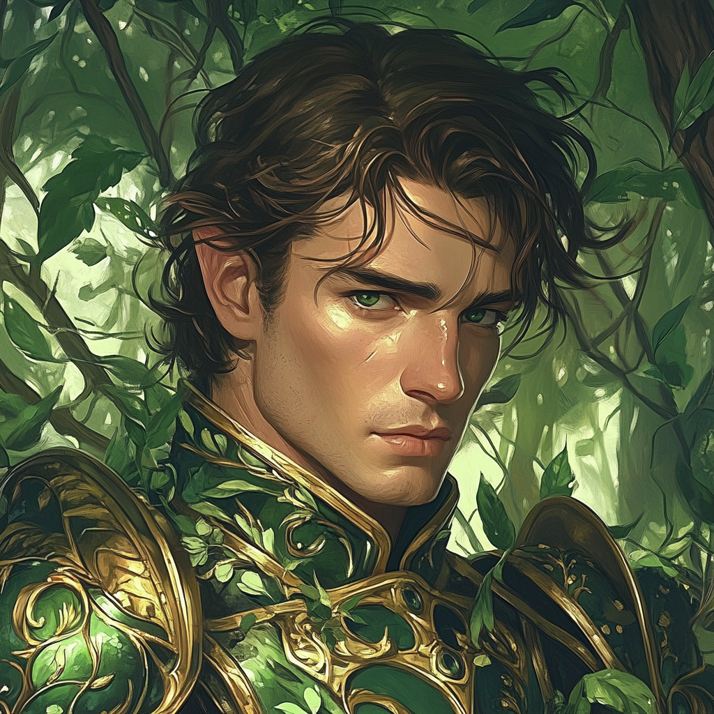 Handsome knight in forest wearing green and gold armor.