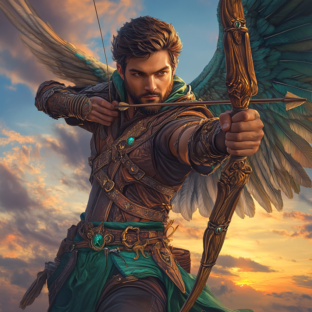 Handsome male Angel with beard, crown, and bow flying