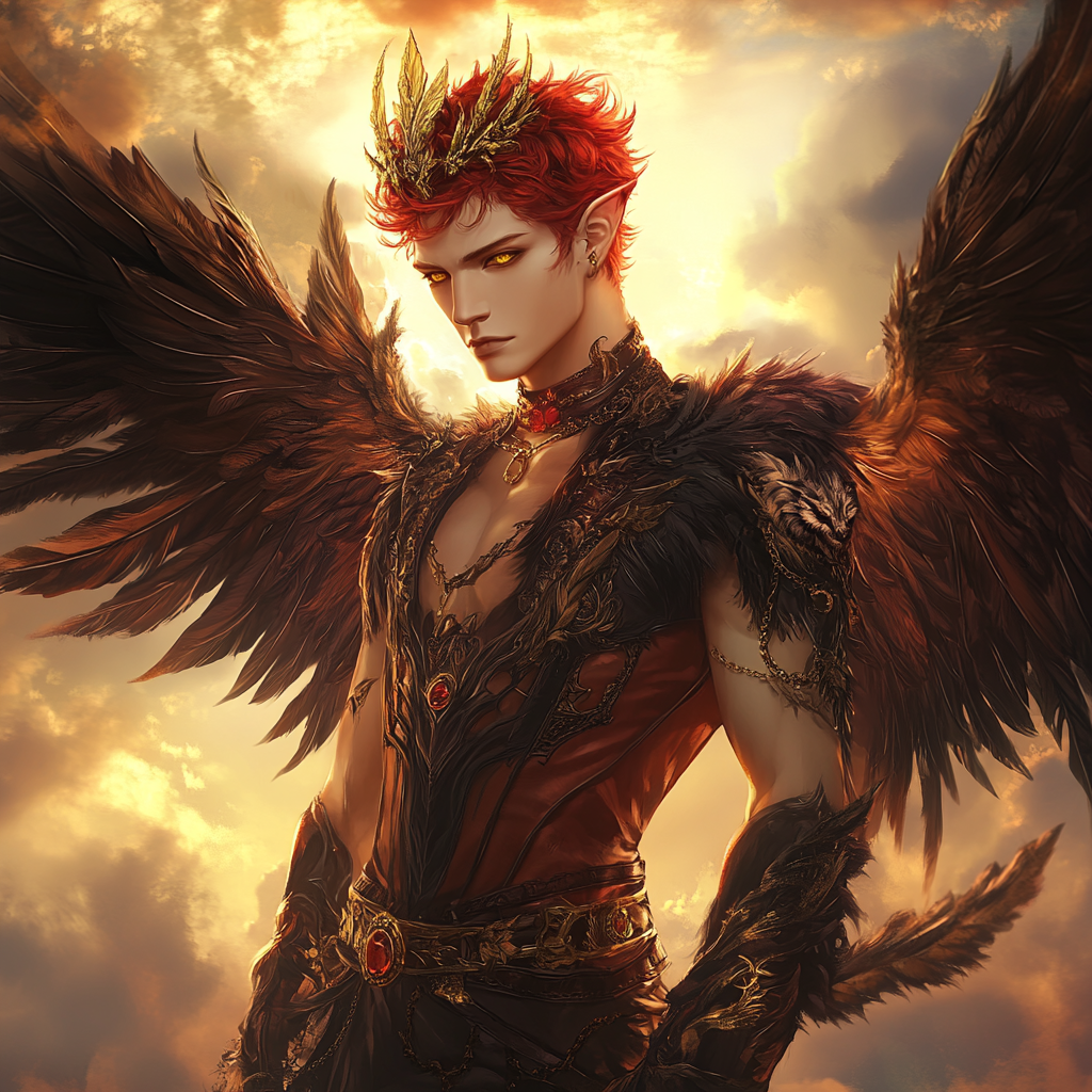 Handsome male Angel with short crimson red hair.