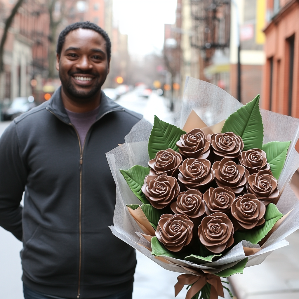 Handsome man gives chocolate rose bouquet to girlfriend joyfully.