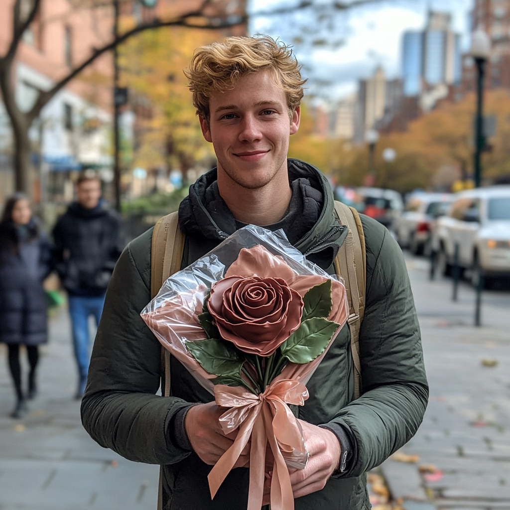 Handsome man giving bouquet of milk chocolate roses.