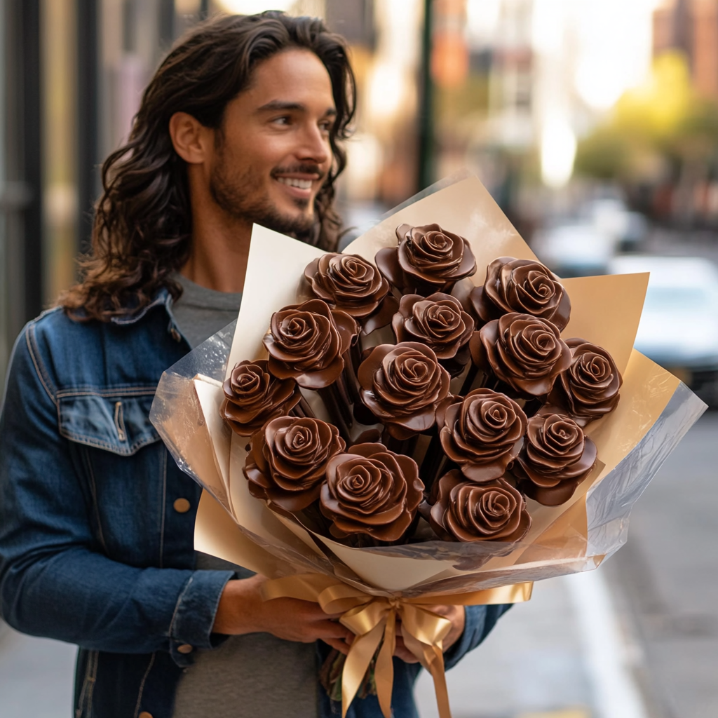 Handsome man giving chocolate bouquet to his girlfriend outdoors.