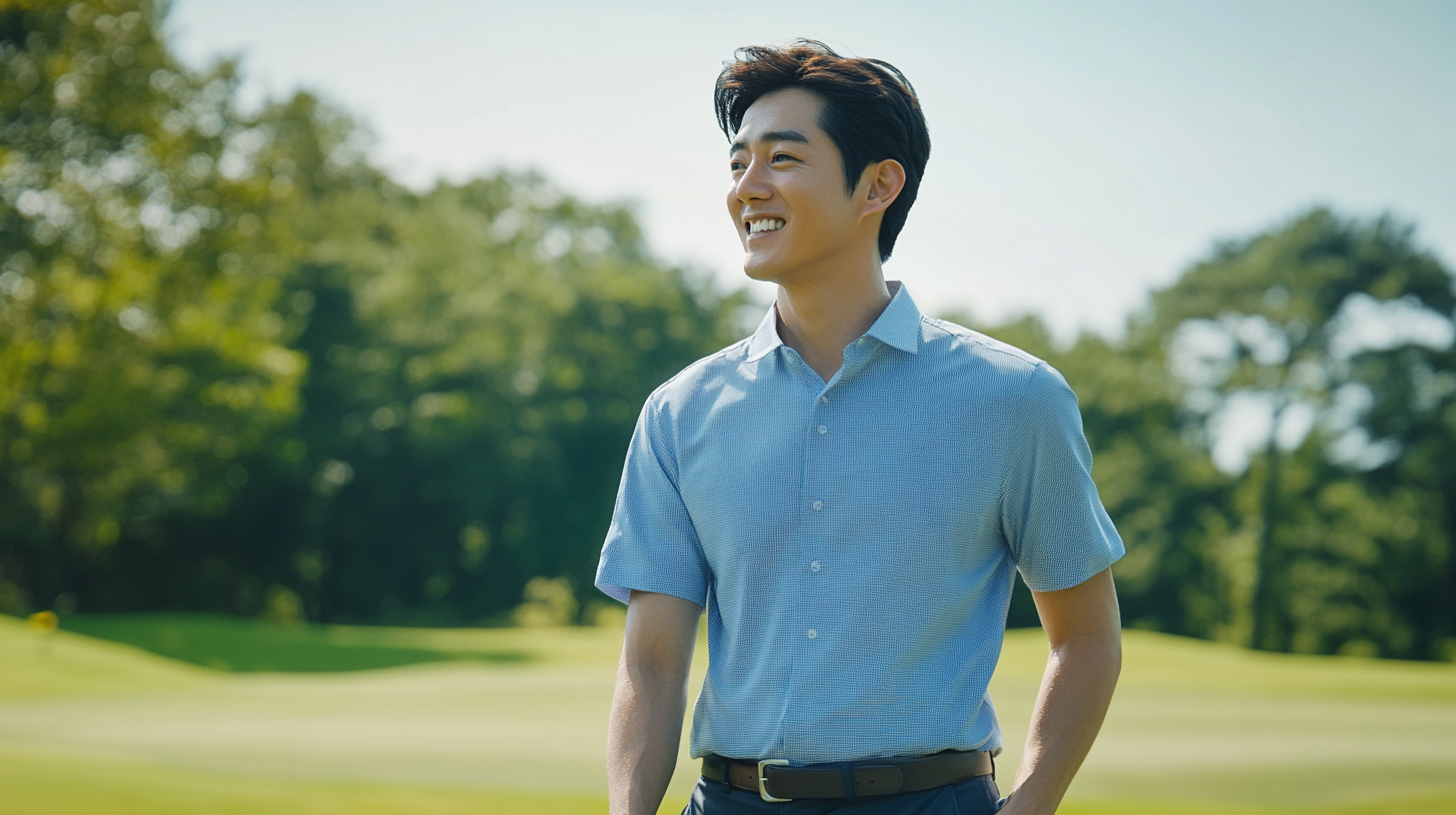 Handsome man in 30s walks on golf course.