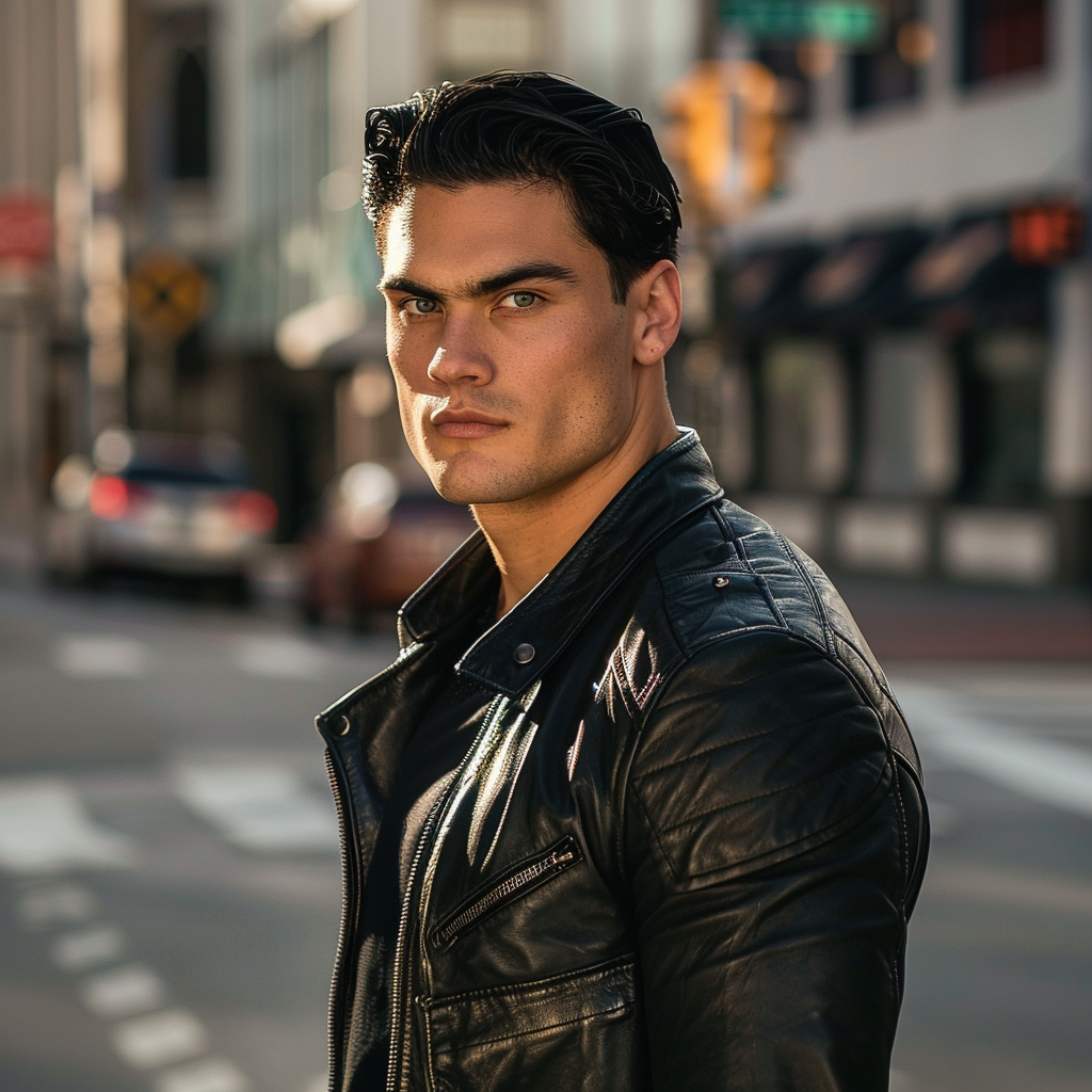 Handsome man in black, standing on street corner