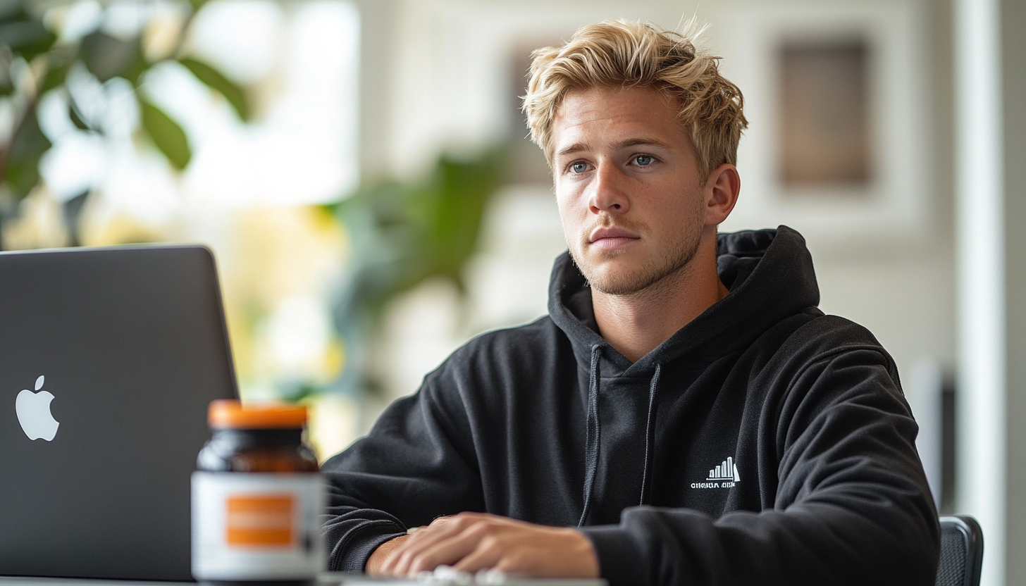 Handsome man in black hoodie at desk with MacBook